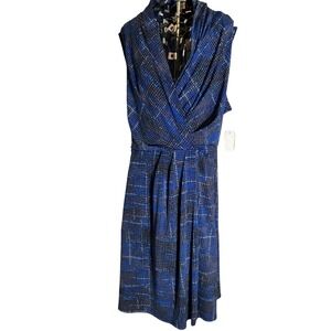 Lane‎ Bryant Blue Plaid Faux Wrap Knit Dress Women Size 18/20 Sleeveless V-Neck
